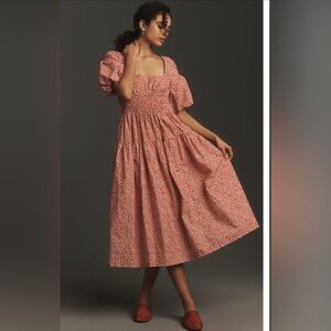 Anthropologie Puff-Sleeve Smocked Poplin Midi Dress